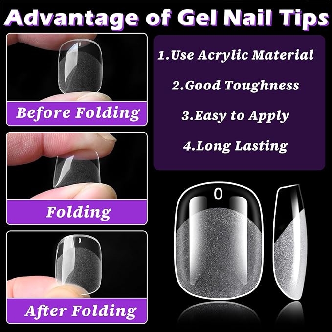 LoveOurHome 750pc Extra Short Squoval Nail Tips Clear Fake Nails XS Short Round Square Gel Nail Tips Full Cover Acrylic Nails Clear Press on Nails 15 Sizes False Fingernail for Gel Nail Extension