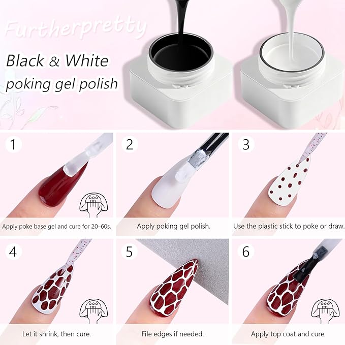 Magic Gel Nail Polish Kit, Black & White Poking Gel Polish with Poke Base Coat for Lace, Wave, Butterfly, Graffiti Letter Nail Designs, DIY Drawing Painting Manicure Supplies with Brush