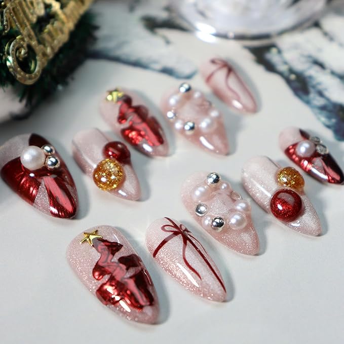 Christmas Press on Nails Bow Fake Nails Hand-Painted Nail Xmas Tree Glue on Nails with Pearl Design Handmade Nail Press ons Glitter Full Cover Almond Stick on Nail for Women Shiny Manicure (L)