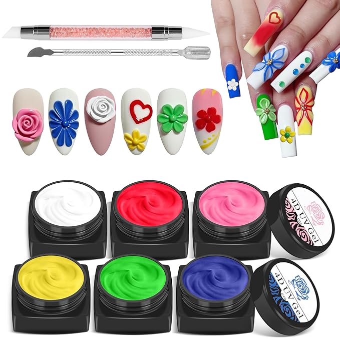 EBANKU Sculpture Painting Nail Gel Set, 6 Colors 3D Nail Carved Gel Sculpture Creative DIY Decoration Painting Glue with Silicone Pen, Cuticle Pusher and Carving Brush