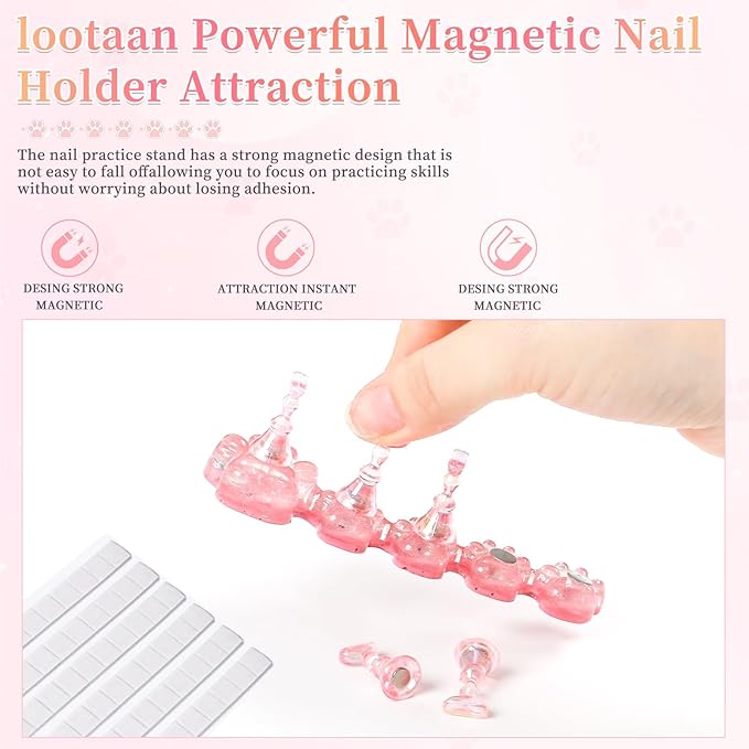 lootaan 2 Set Nail Holder for Painting Nails ,Fake Nail Tips Training ,Aurora Acrylic Nail Stand for Press on ,Nails Display with 96 Pcs Reusable Adhesive Putty(Laser pink)
