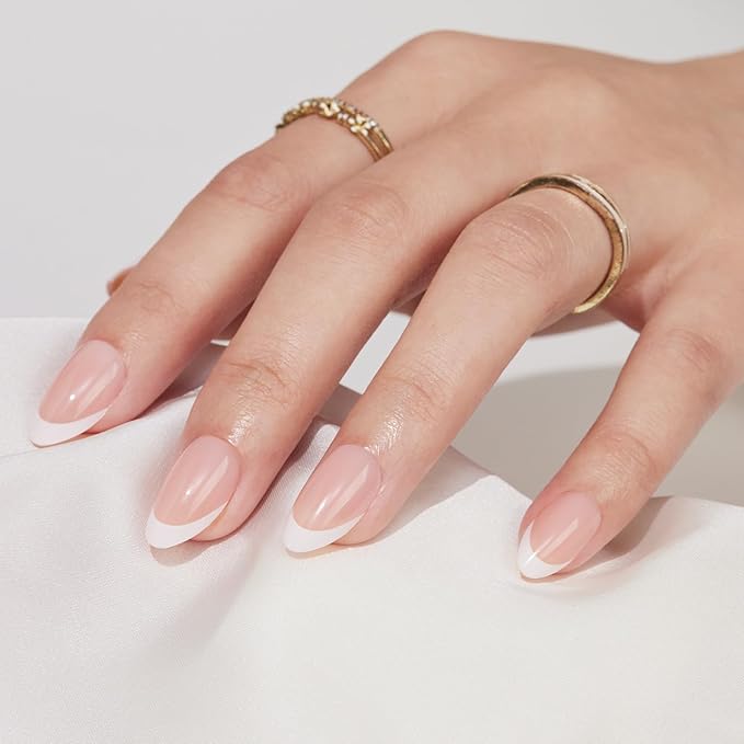 French Tip Press On Nails Almond - Findigit Natural Fake Nail Short with Glue,Supremely Fit & Natural Glue On Nails with Nail in 16 Sizes - 32 Nails Kit,White