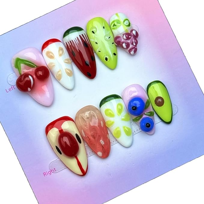 Handmade Press on Nails Medium Almond Nails Thick Fake Nails with Glue,Cute 3D Fruit Art False Nails with Designs Colourful Nails Reusable Nature Stick on Nail for Wome (Size S)