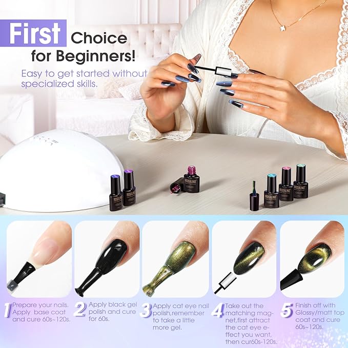ROSALIND Cat Eye Gel Nail Polish with Magnet, 8 Colors Chameleon Magnetic Gel Polish Soak Off UV Double Magic Cateye Colors Nail Polish Set for Home Salon Manicure