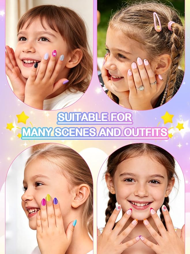 EBANKU 156 Pcs Press on Nail Kids Gift Box, 6 Pack Cute Patterns Kid Flase Nails Kit with Nail Glue Set Fake Nail for Girls 5-10 Years Christmas Gift Set