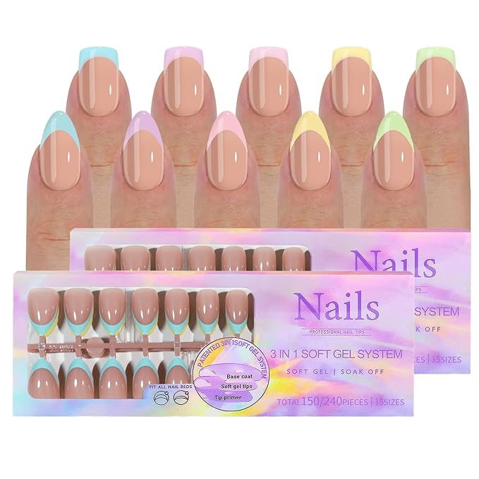 French Tip Press On Nails, 300pcs Full Cover Long Square Almond Nail Tips, 5 Colors, 15 Sizes, 2 Nail Shapes, DIY Nail Art