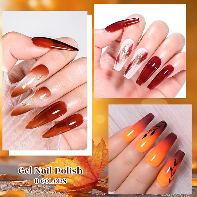 12Pcs Jelly Gel Polish Set Crytal Orange Burgundy Red Transparent Amber Gel, Brown Color Changing Gel Nail Polish Set Fall Winter Manicure Kit 8 Colors