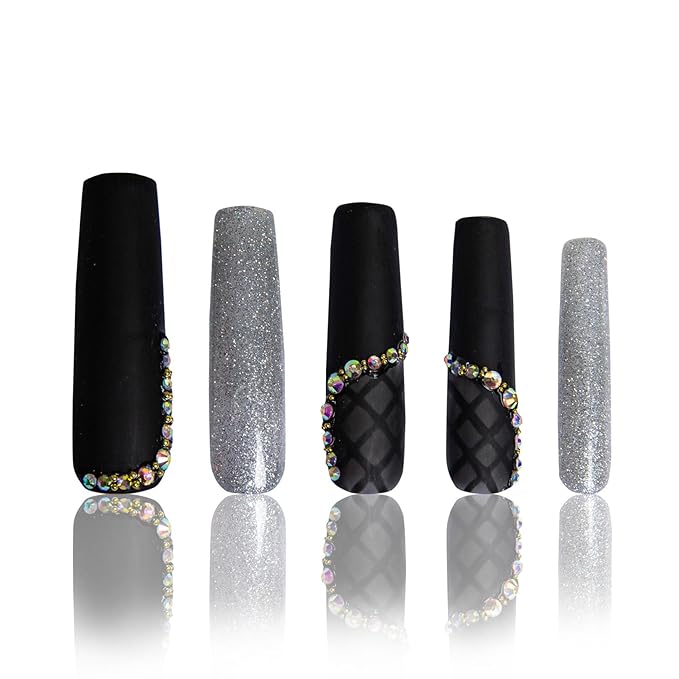 LOVFUL Press on Nails Black Lace| Handmade with Full Covered Crystals| Reusable Fake Nails| Square Mid length 1.7in| H114-S
