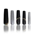 LOVFUL Press on Nails Black Lace| Handmade with Full Covered Crystals| Reusable Fake Nails| Square Mid length 1.7in| H114-S