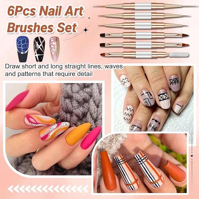 Double-Ended Acrylic Nail Art Liner Brushes, 6Pcs Gel Polish Nail Art Design Pen Painting Tools Set For Nails, Dotting Drawing Tool Polygel Brush for Long Lines, Thin Details, Fine Drawing