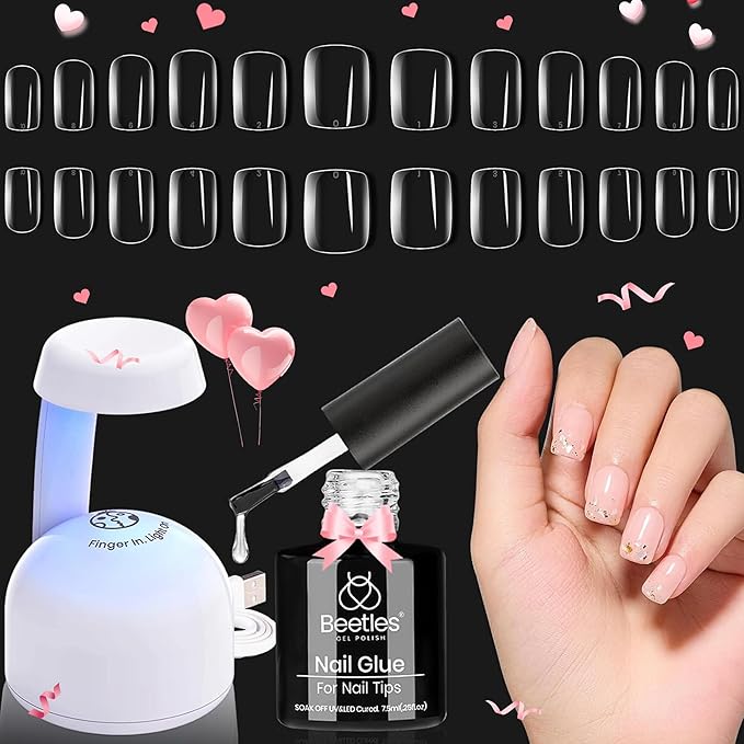 Beetles Gel Nail Tips Kit Square 500Pcs Pre-shaped Extra Short Square Nail Tips with 5 in 1 Mutipurpose Glue Gel Base Uv Led Nail Lamp
