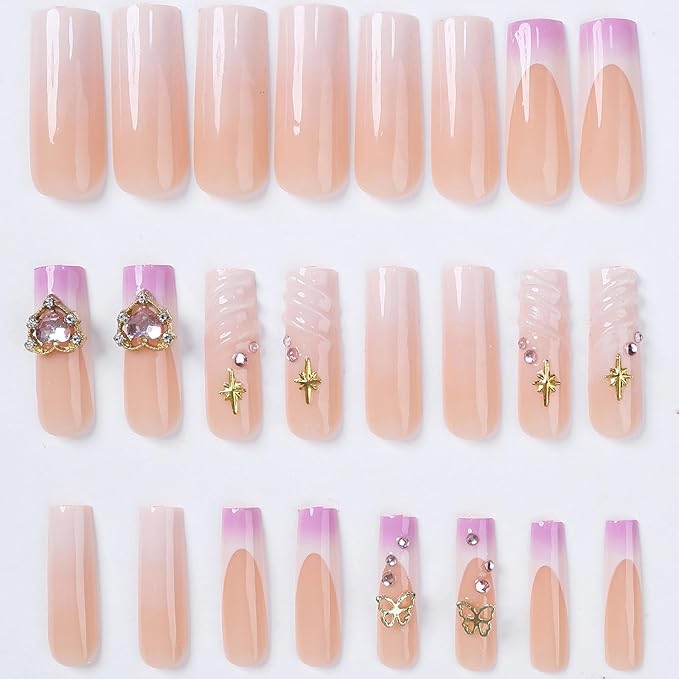 MISUD Press on Nails - Long Square Fake Nails with Purple French Tip, Acrylic Gold Charms Design 24 pcs