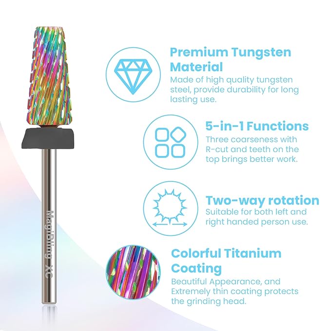 Professional 5 in 1 Tapered Nail Drill Bits, 3/32'' Safety Tungsten Carbide Bits, Remove Hard Gel Fast, Left & Right Hand Use, Easy for Beginner, Technicians Bits, Extra Coarse.