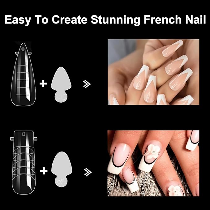 BlueZOO 288Pcs Nail Dual Forms with French Guide Lines Outside, 4 Shapes 192Pcs Poly Gel Nail Molds & 96Pcs Silicone Reusable French Tip Sticker for DIY Nails Extension Manicure Art Home Salon,12 Size