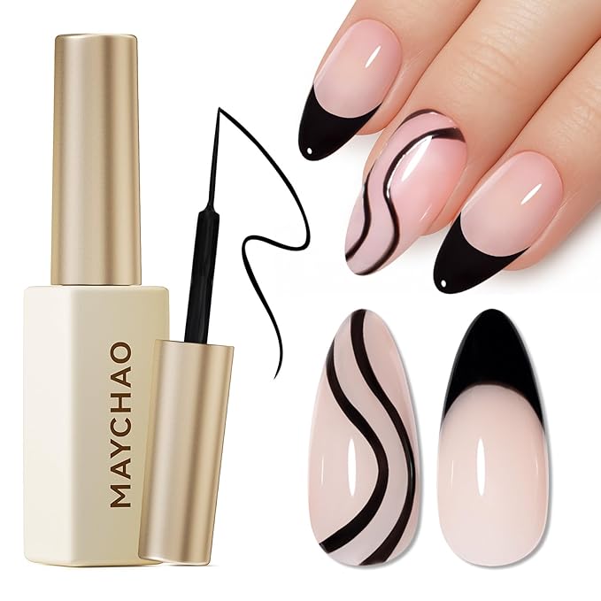 MAYCHAO Black Swirl Gel Liner Nail Art Polish, 8ml Classic Gel Color Built-in Thin Brush, UV Light Cure for French Nail Tips DIY Manicure at Home Salon