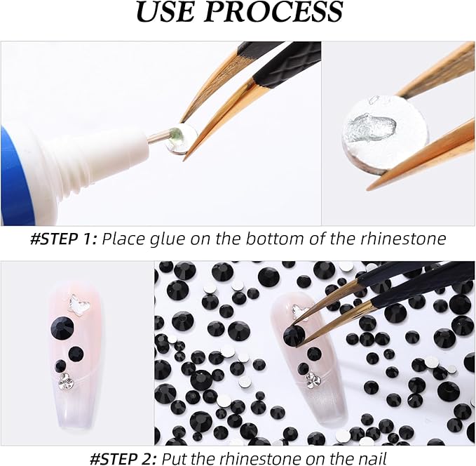 Black Flatback Rhinestones, Glass Rhinestones for Nail Art and Craft, Glue Fix, Loose Crystal Gemstones(Black, SS8, 1440pcs, 2.3-2.5mm)