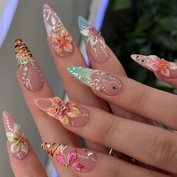 Flower Press on Nails Long Stiletto Fake Nails Press ons with Flower Rhinestone Leopard Print French Designs Acrylic Blue Pink French Glue on Nails for Women 24 Pcs