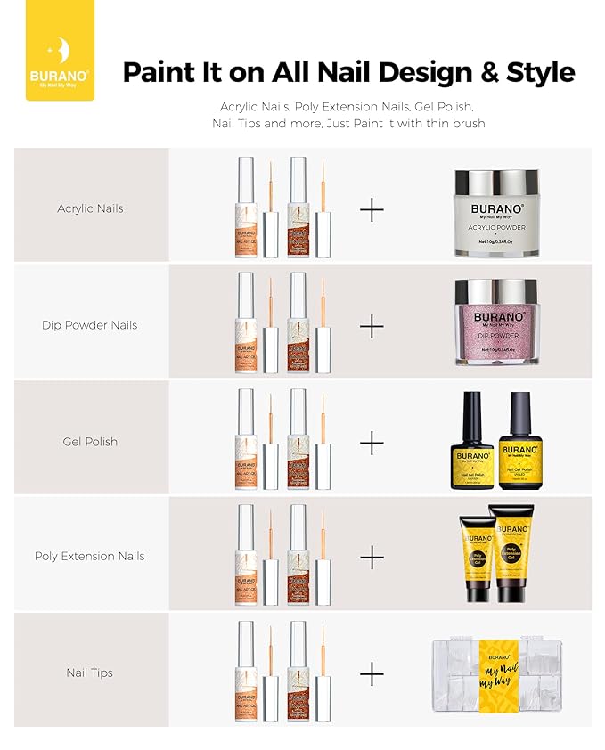 BURANO Gel Nail Polish Liner Nail Art Polish, Silver Gold Painted Gel Nail Design Polish 2 Bottle 8ml, Build in Thin Nail Brush Curing Required LX24 LX29