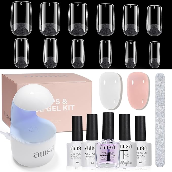 AILLSA Gel Nail Tips Kit Short Square Nail Tips 240pcs with 2 In 1 Nail Glue Base Coat and Nail Dehydrator, Nail Extension Kit with Nail Lamp Top Coat for Starters Home Salon