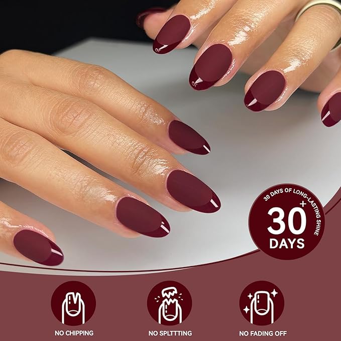 Red French Press on Nails Short Almond - Dark Red Nails with Glossy French Tip in a Matte Finish, Soft Gel Reusable Fall Burgundy Fake Nails Winter Stick on Nails for Women Gift, 32PCS 16 Sizes