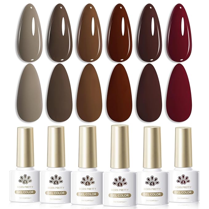 Born Pretty Fall Winter Gel Nail Polish Burgundy Wine Red Caramel Brown Coffee Autumn Gel Polish Set Gel Nail Kit Nail Art Manicure Collection 6PCS 7ML