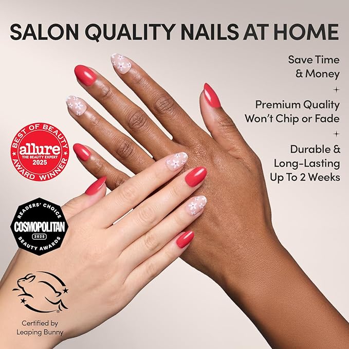 Valentines Day Glamnetic Press On Nails - Red Blossom | Glossy and Matte Short Oval Nails with Floral Accents, Salon Quality | 15 Sizes - 30 Nail Kit with Glue