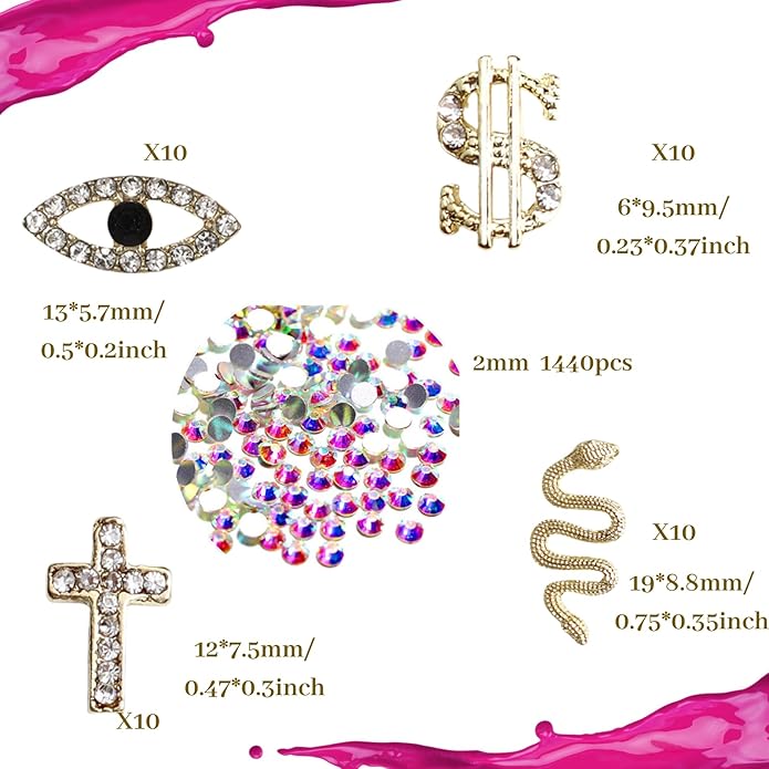 Gold Nail Charms Spooky Chunky Charms Kit with Evil Eye Cross Snake Dollar Sign Press on Nails Rhinestone for Nail Art Supplies Craft