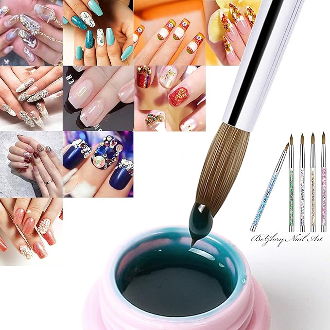 BeGlory 5PCS Acrylic Nail Art Brushes Set - Nylon Round Head - Pink, Gold, Silver, Blue, Green Handles - Manicure & Pedicure Tools