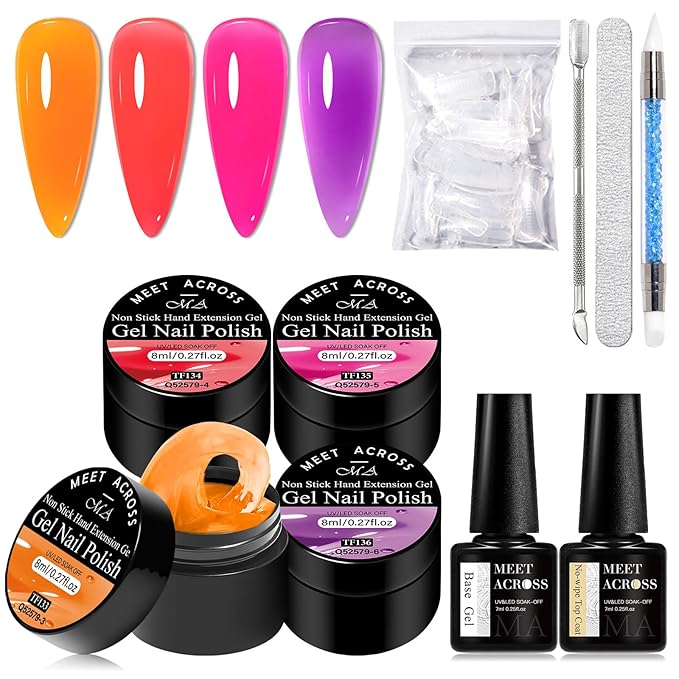 MEET ACROSS All-in-One Extension Mini Kit Non-Sticky Builder Gel Starter Kit WIth Base & Top Coat/Dual-Silicone Pen/Pro File/20-Pc Reusable Dual Forms Salon-Grade Extensions (Orange+Red+Pink+Purple)