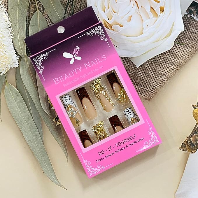 Press on Nails Coffin Long Length Acrylic Glossy Full Cover Square Shaped French False Nails with Designs Artificial Extra Long Fake Nails with Charms Glue ons Fingernails for Women(C080)