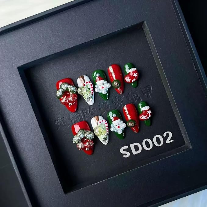 100% 5D Handmade Press on Nails Christmas Medium Almond Fake Nails Press ons Canes Santa Claus False Nails Green Red Santa Hat Press on Nails Wreath Fake Nails for Women Girls Manicure Size L