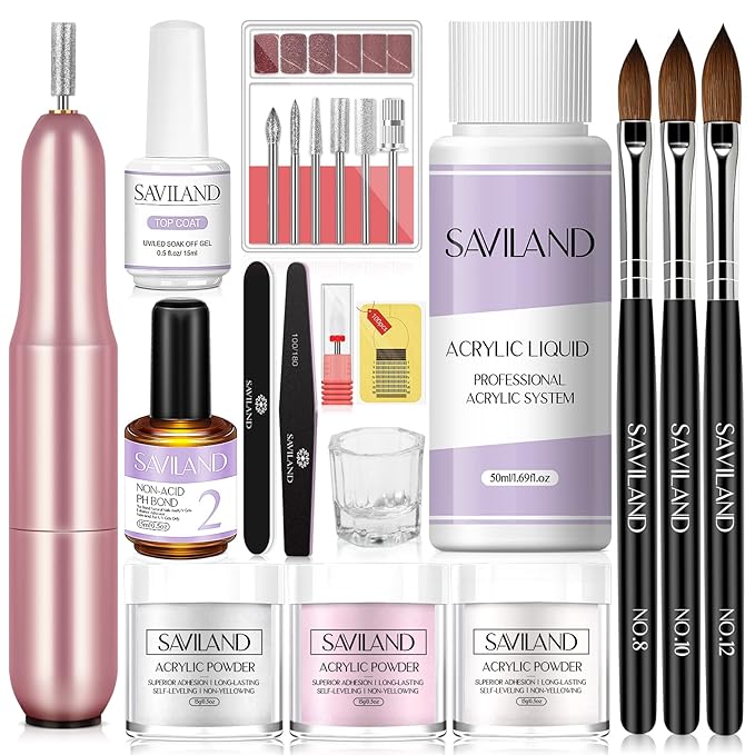 SAVILAND Acrylic Nail Kit with Drill - 0.5Oz Clear/White/Pink Acrylic Powder and Liquid Set Nail Drill with Brushes Tool Kit for Nails Extension Home DIY & Salon