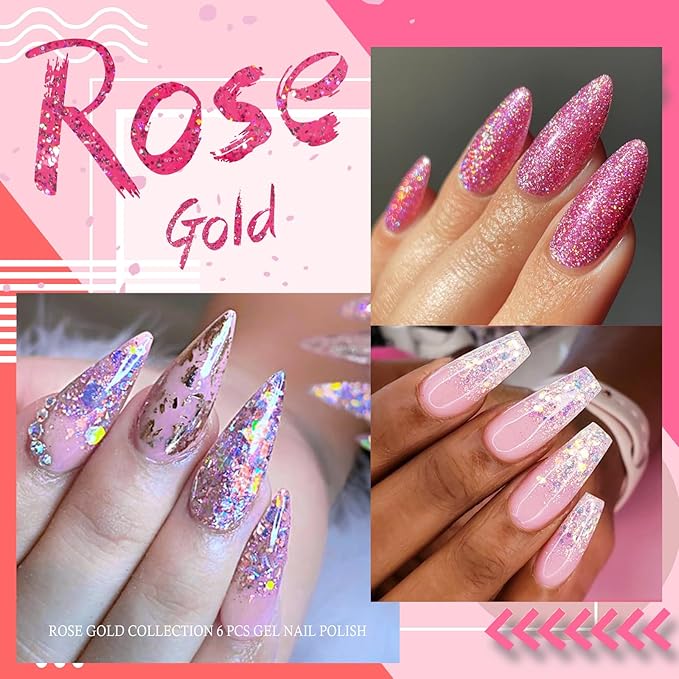 6Pcs Pink Glitter Gel Nail Polish Set Hot Pink Tones Sparkle Gel Polish Bright Pink Nail Polish Gel Suitable for Girls Women Manicure Lovers