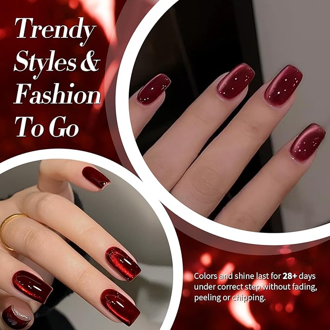 Born Pretty Christmas Red Cat Magnetic Eye Gel Nail Polish Set,6 Colors Burgundy Dark Cherry Red Glitter Shimmer Magnetic Gel Polish Kit Fall Winter Soak Off U V Nail Polish DIY Art for Women 7ML