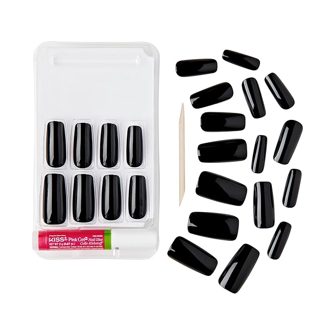 GoldFinger False Nails Kit, Ready to Wear Black Fake Nails, Manicure Stick and Glue Included, Long Squoval Shape, Long-Lasting Hottest Trend Glue on Nails, Convenient & Easy to Apply, All Occasions