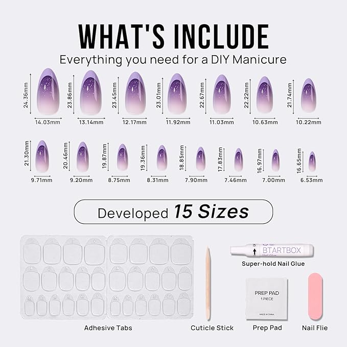 BTArtbox French Tip Press On Nails - Almond Ombre Press On Nails Medium, Glue On Nails with Glitters, Supremely Fit & Natural Reusable Stick On Nails in 15 Sizes, Twilight