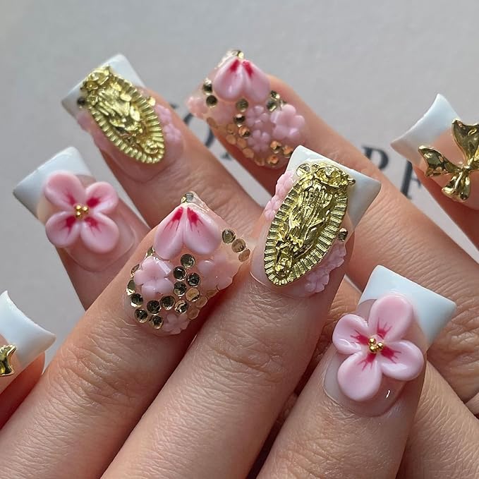 Luxury Press on Nails Short Duck Handmade 3D Unique Reusable ABS Material Fake Nails White French Tip False Nails with Designs Pink Flower Rhinestones Glossy Glue on Nail Thick Acrylic Nail(M)