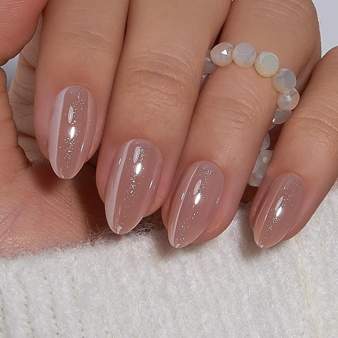 Curvlife Press On Nails Medium Almond Nude - Galaxy Cat Eye Press on Nails with Glue, Milky Tea Magnetic Glitter Glossy Fake Nails Long Lasting False Nail Tips for Women