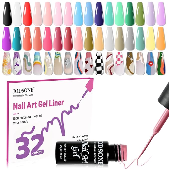 JODSONE Gel Polish Nail Art Gel Liner Set 32 Colors Orange Grey Pink Green Blue White Black Need U V Lamp Cured with Thin Brush Valentines Gifts for Women