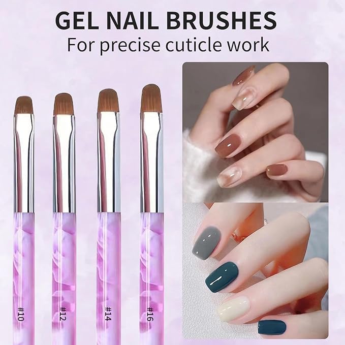 4Pcs French Tip Brush, Double-Ended French Brushes for Nails with Dotting Tool, Clean Up Brush for Gel Nail Polish, Size 10/12/14/16, Acrylic Nail Art Brushes, Manicure Tools for Nail Design-Purple
