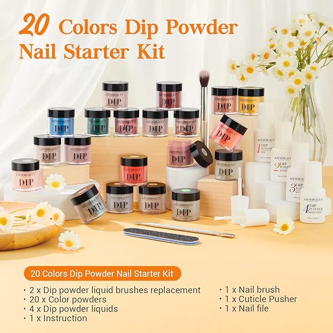 AZUREBEAUTY Dip Powder Nail Kit Starter Orange Green Glitter Red 20 Colors Summer Acrylic Dipping Powder Liquid Set with Base/Top Coat for French Nails Art Manicure Beginner DIY Salon Home