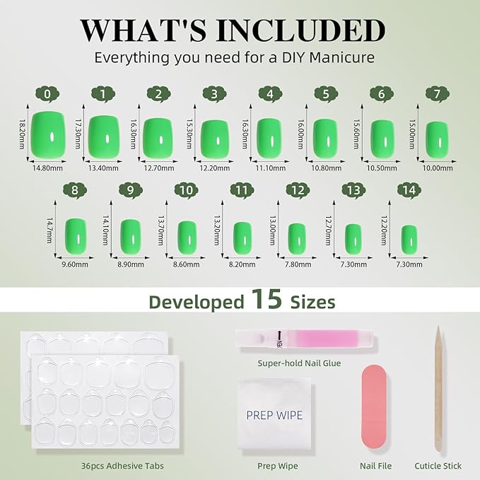 Green Press On Nails Square - Green Short Square Fake Nails, Press On Nails Reusable Stick On Nails in 15 Sizes 30pcs False Nail Kit for Women & Girls (FreshGreen)