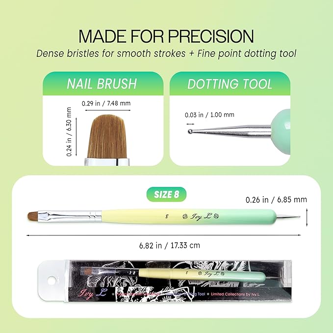 Ivy-L Premium 2 Ways French Gel Acrylic Nail Art Kolinsky Brush with Dotting Tool for Professional Manicure Nail Art Design Cuticle Clean-up + Lime Green Wood Handle (Size 8)