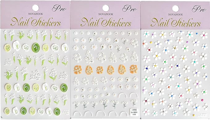 3 Pcs Flower Nail Stickers, Flower Nail Decal Art, Daisy Nails Sticker, Lily of The Valley Sticker, Spring Manicure, Embossed Nails Stickers