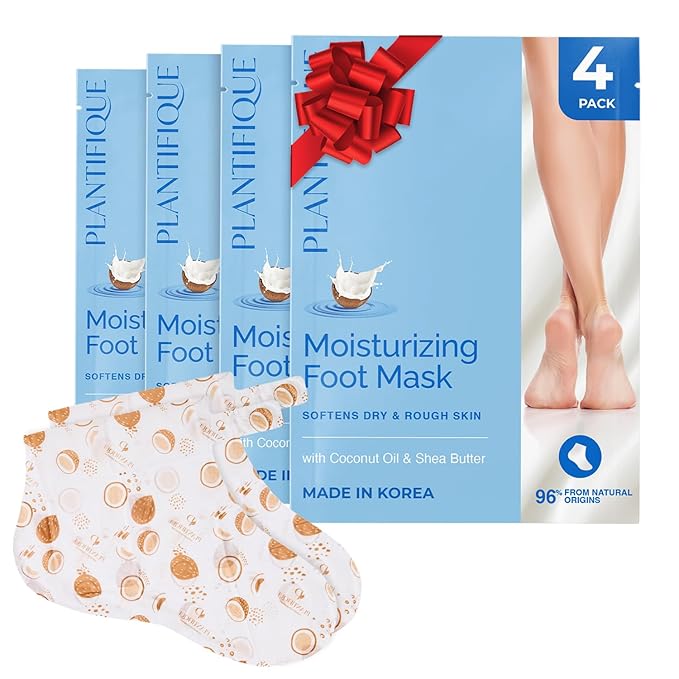 PLANTIFIQUE Korean Foot Mask with Shea Butter 4 Pairs box for Dry & Cracked Feet | Hydrating Socks for Soft Heels | Intense Moisturizing and Repairing Dry Rough Skin | Foot Spa | Happy Feet Mask
