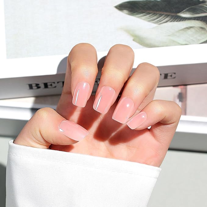 Luxbon Short Press On False Nails with No-Cure Nail Glue and Tool Kit – Square Acrylic Stick On Nails Soft Gel Tips 30-32pcs Full Size Set, Reusable Fake Nails for Women, White Optical Plating, Pink