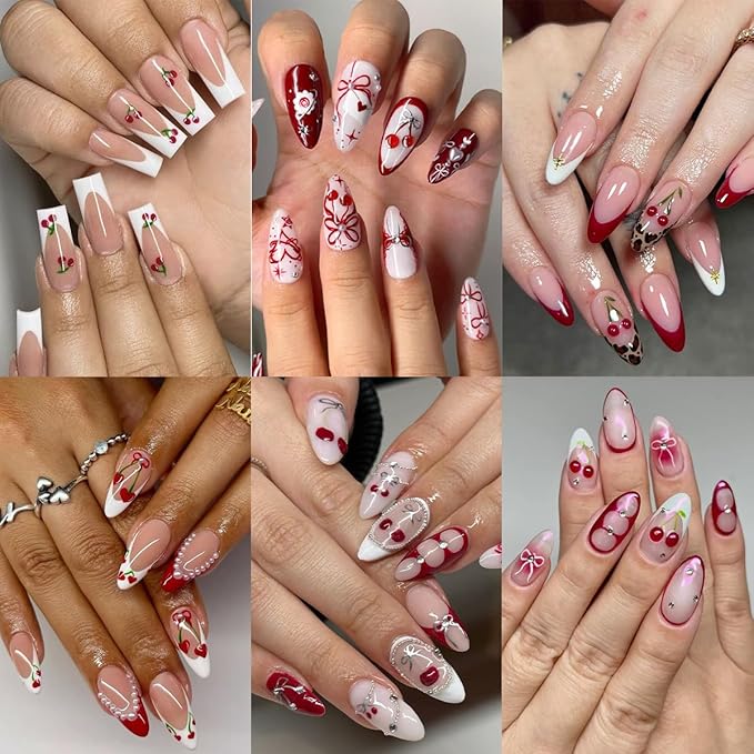 6 Sheets Cherry Nail Art Stickers 3D Valentines Nail Stickers Self-Adhesive Cute Cherries with Gold Heart Bow Nail Designs Supplies Summer Fruit Nails Decals for Women DIY Manicure Decor