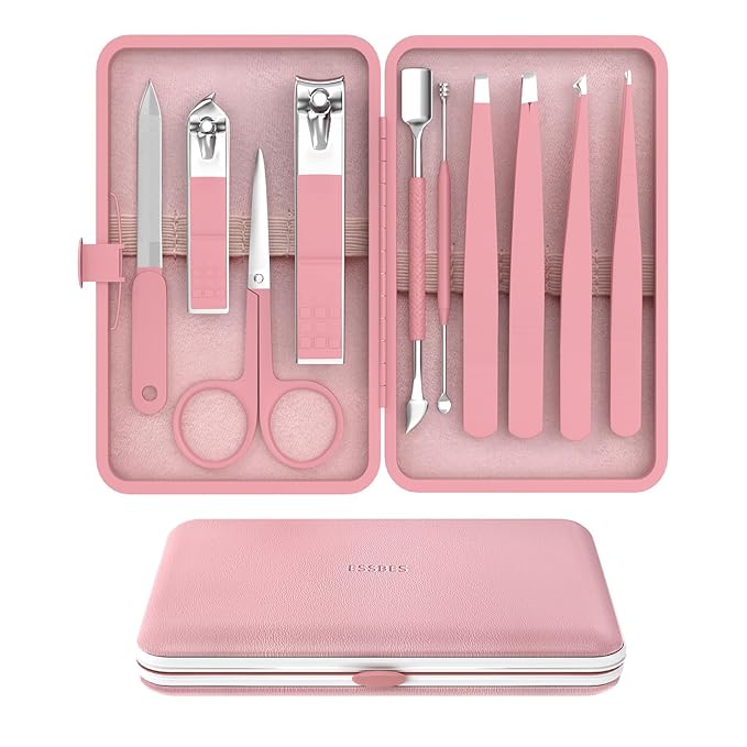 Manicure Set 10 in 1 Stainless Steel Nail Clippers Scissors Tweezers Grooming Kit with Travel Case (Pure Pink)