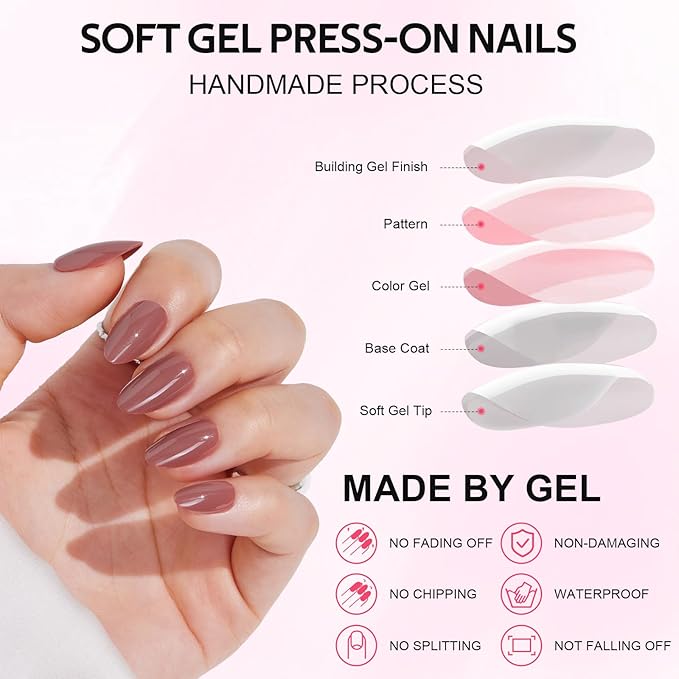 Press On Nails - Findigit Short Almond Cameo Brown False Stick Glue On Nails, Reusable Stick On Fake Nails with Glue Salon Quality,Natural Fit 16 Sizes - 32 Nail Kits, Coffee Cream