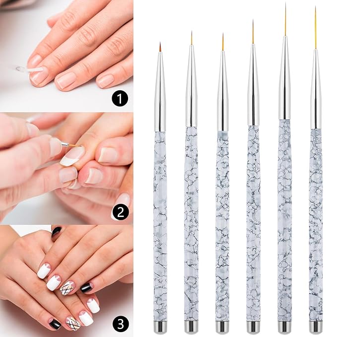 Tbestmax 6 Pcs Nail Art Liner Brushes, UV Gel Painting Acrylic Nail Brushes Striping Brushes for Short Strokes, Details, Blending, Elongated Lines 5/7/9/11/15/20mm